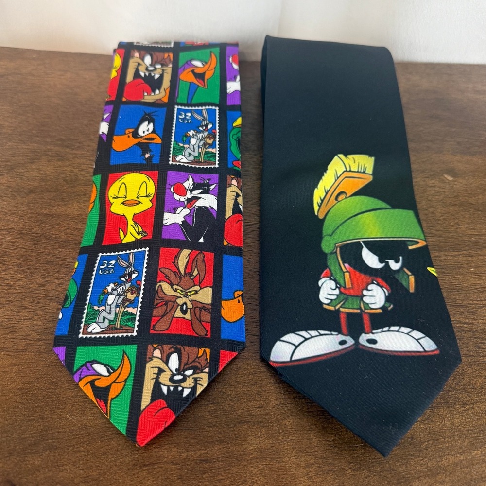 VTG Set of TWO Looney Tunes Stamp Collection and Marvin Martian Mens Ties